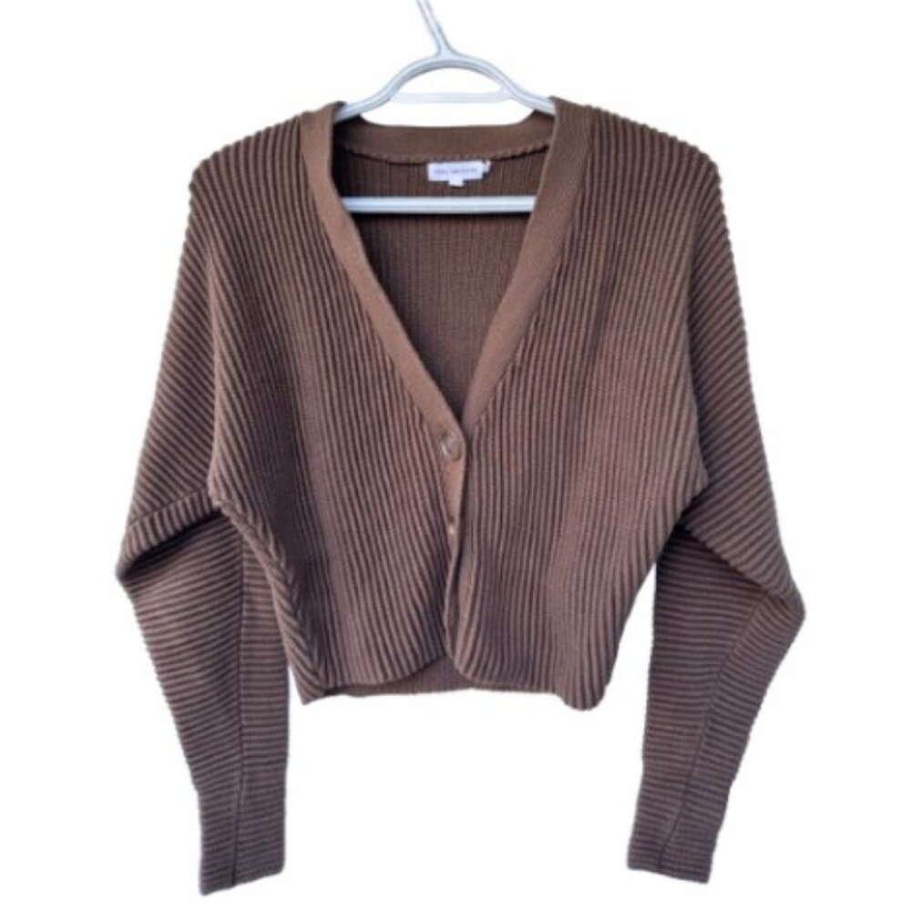 Good American heavy rib crop V-neck cardigan brown women's size 1 - Picture 2 of 6